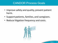 CANDOR Process Goals: Improve safety and quality, prevent patient harm. Support patients, families, and caregivers. Reduce litigation frequency and costs.